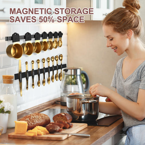 FONYA magnetic nesting spoons and cups shown with sleek organization.