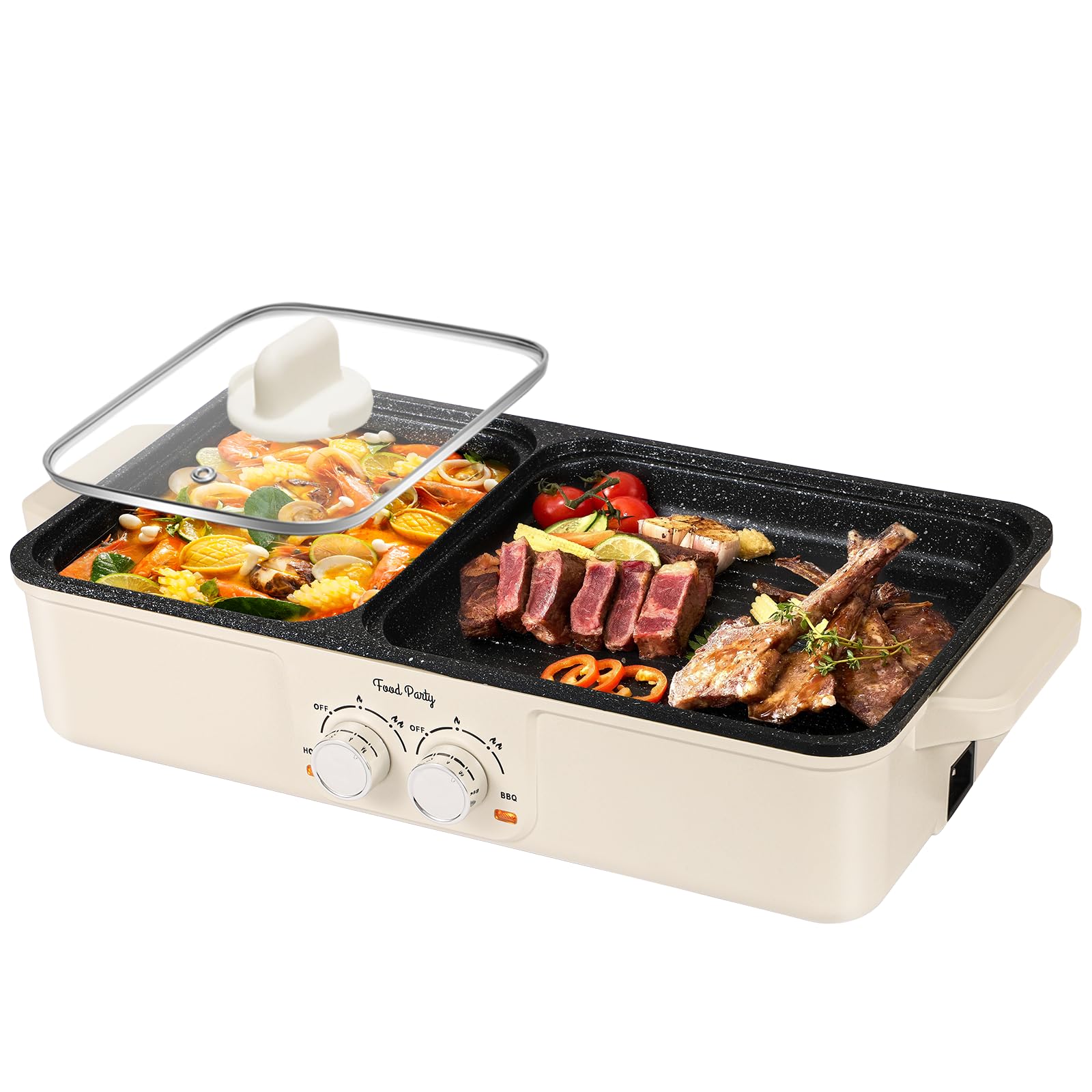 Food Party 2in1 smokeless grill and hot pot in full view for indoor gatherings.