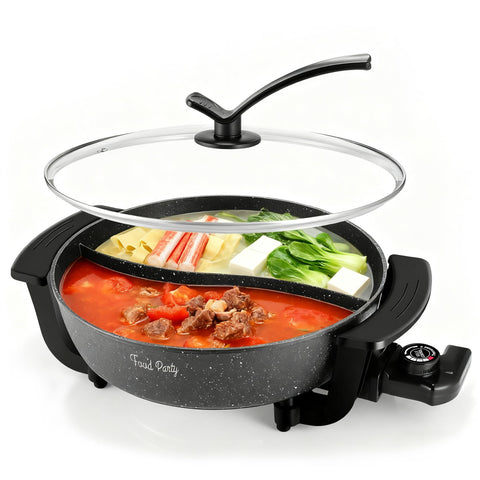 Food Party divider hot pot top view shows dual compartments for mixed broths