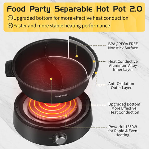 Food Party hot pot divider enabling two broths at once for family meals