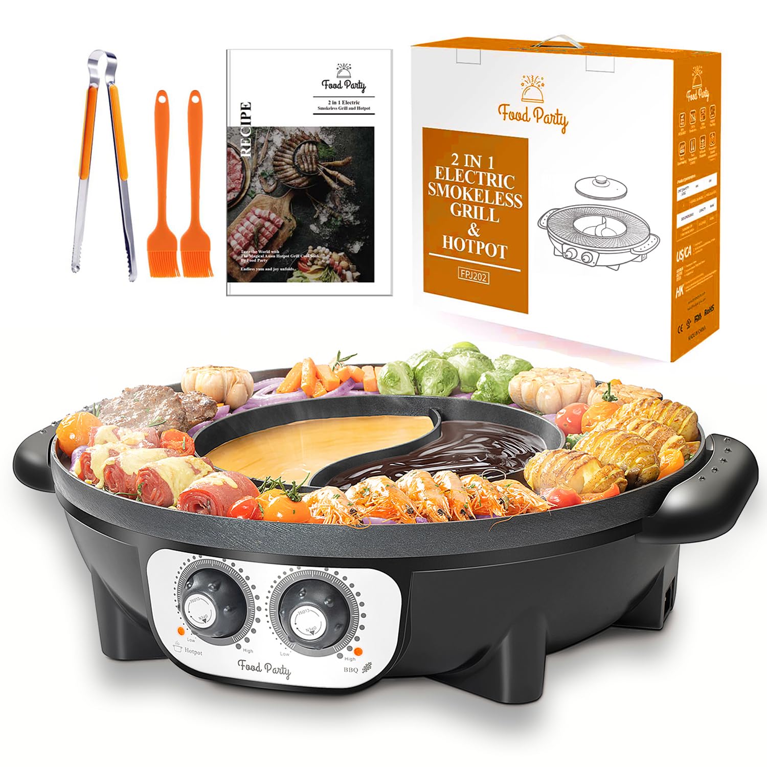 Food Party 2-in-1 hot pot and grill front view for compact kitchen versatility