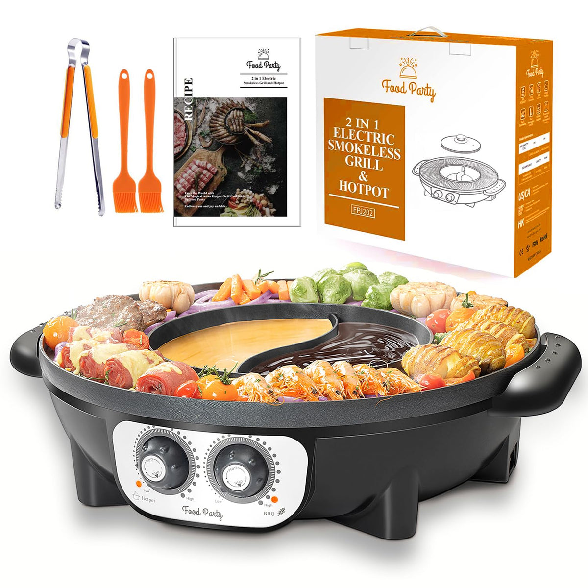 Food Party 2-in-1 hot pot and grill front view for compact kitchen versatility