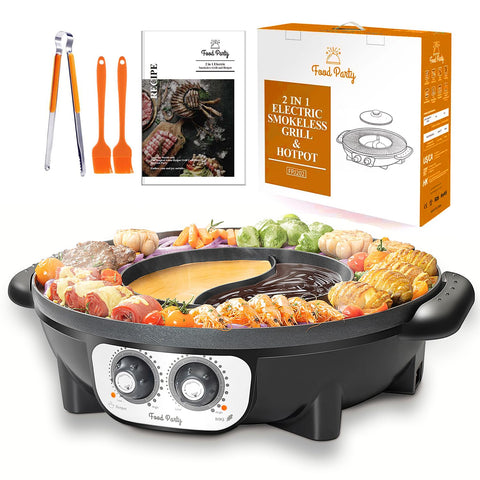 Food Party 2-in-1 hot pot and grill front view for compact kitchen versatility