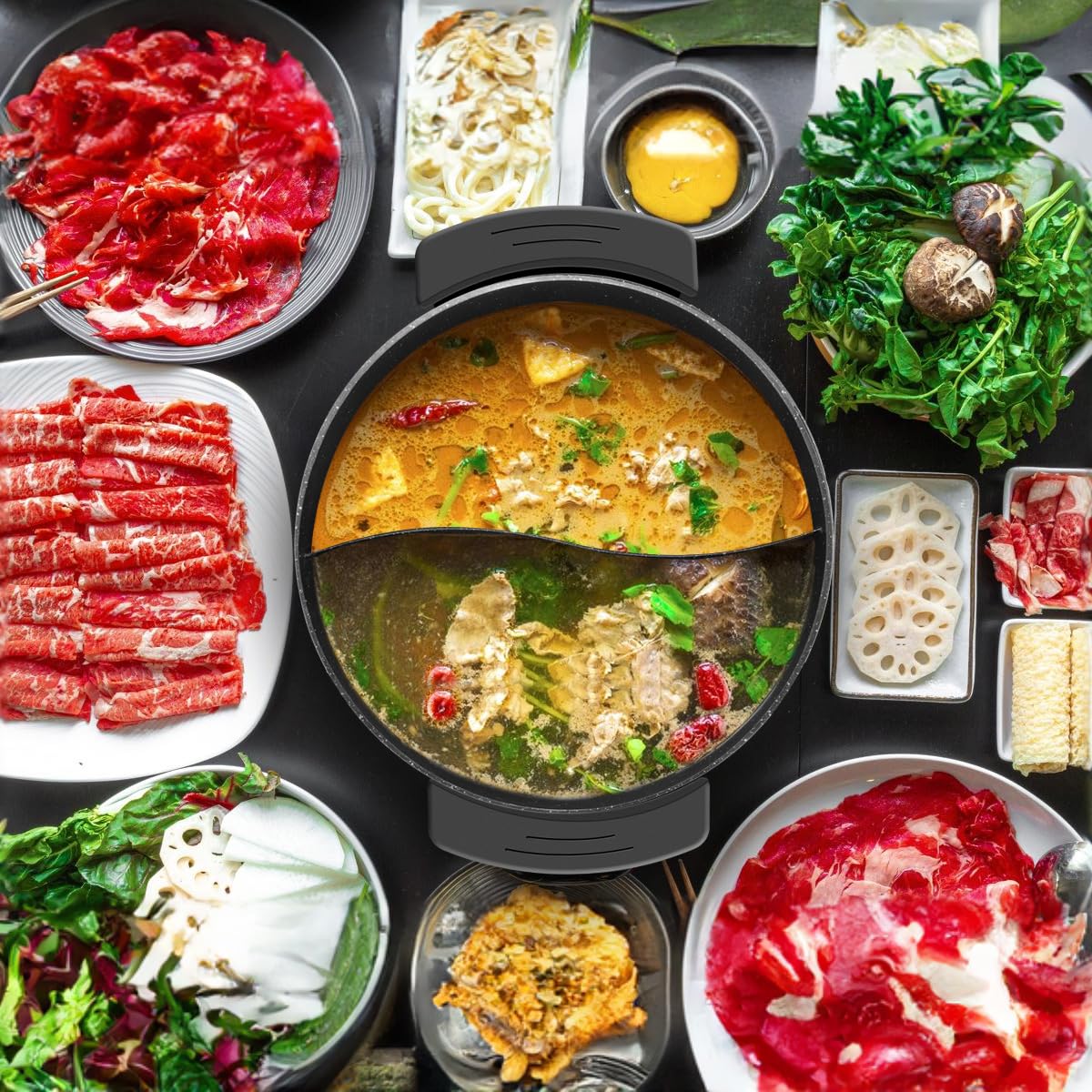 Food Party family dining setup featuring divider hot pot in use