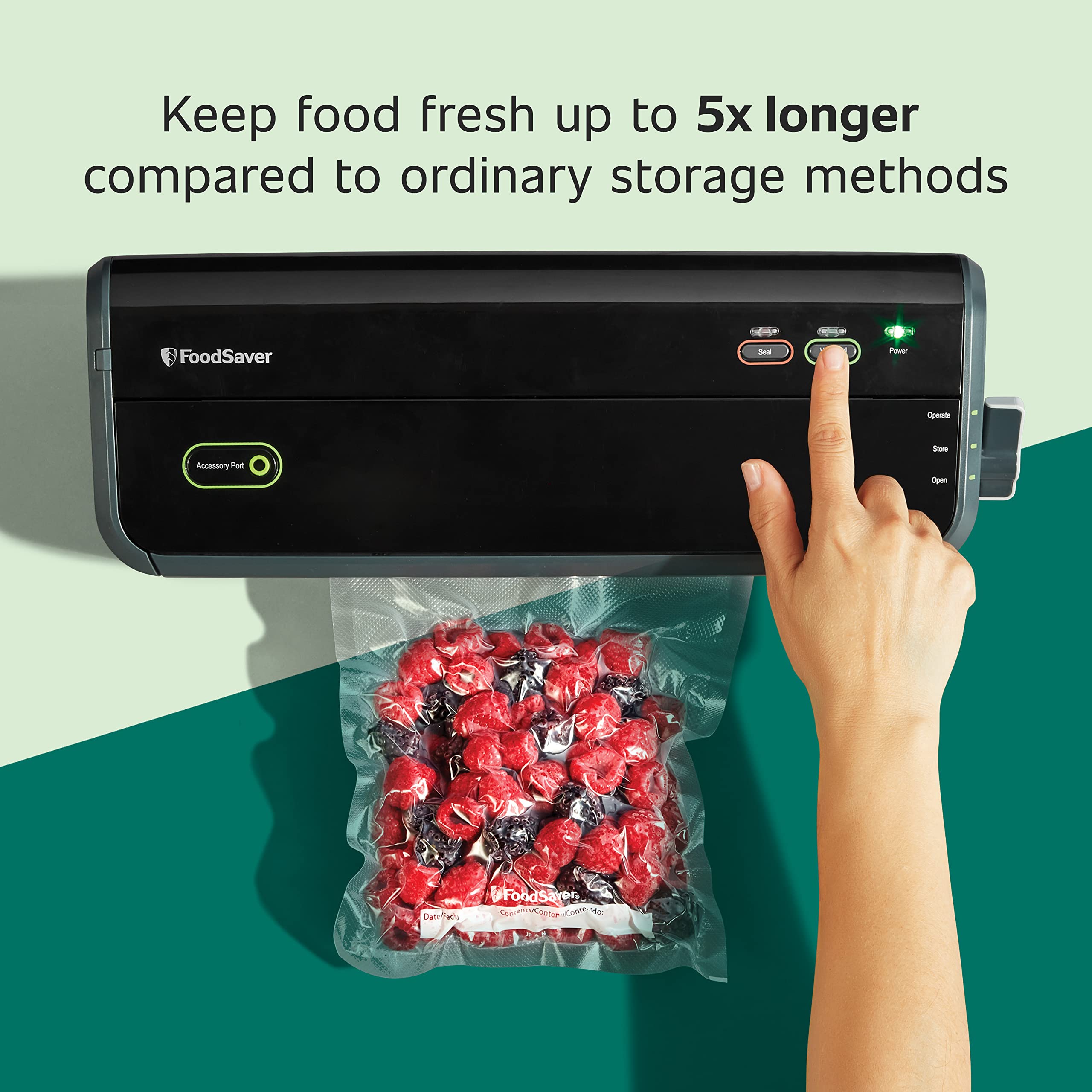 FoodSaver airtight seal bags in use, locking in moisture and flavor.