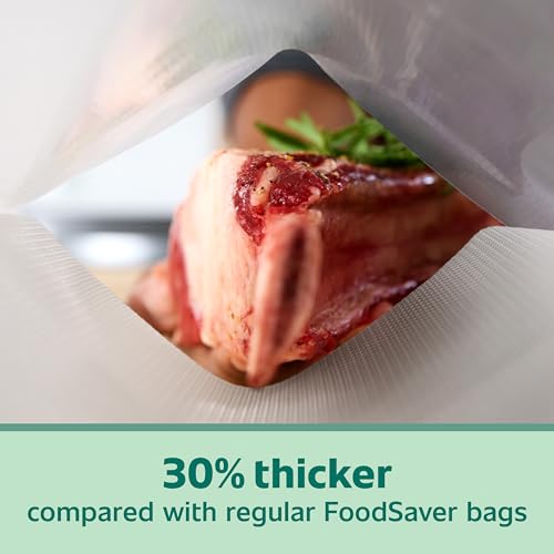 FoodSaver bags 30 percent thicker for durable, leak-resistant storage.