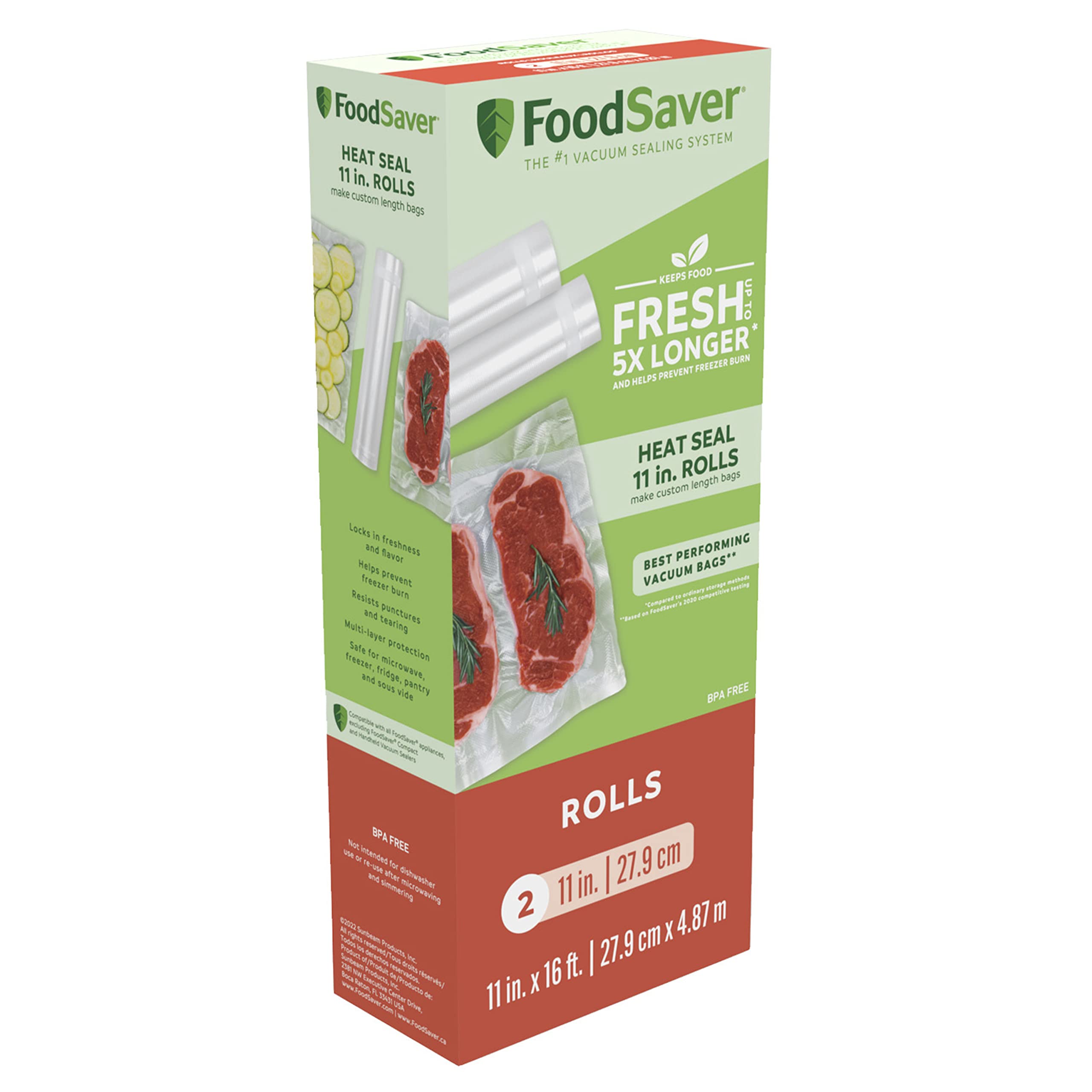 FoodSaver 11x16 vacuum seal rolls for custom-length bags, reducing waste.