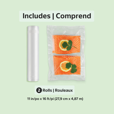 FoodSaver heat-seal rolls enable easy bag creation and sealing.