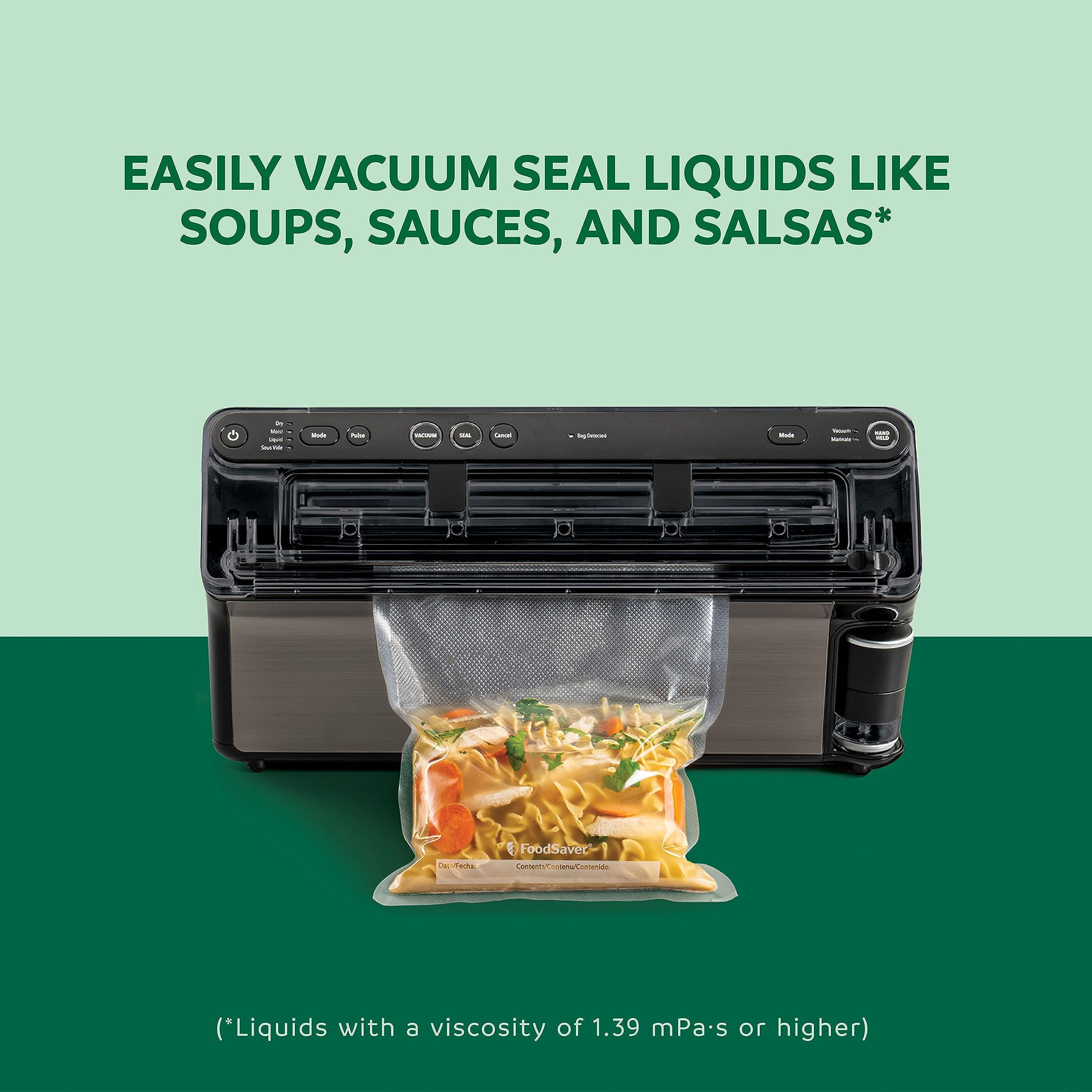 FoodSaver Elite LiquidPlus liquid-seal mode enables secure sealing of sauces and soups