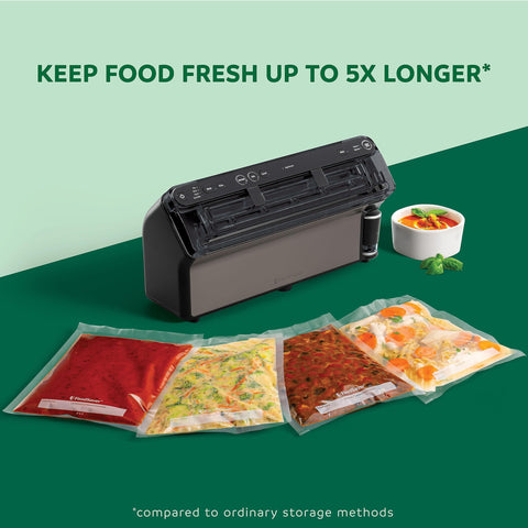 FoodSaver Elite LiquidPlus sealing action demonstrates quick airtight bag closures