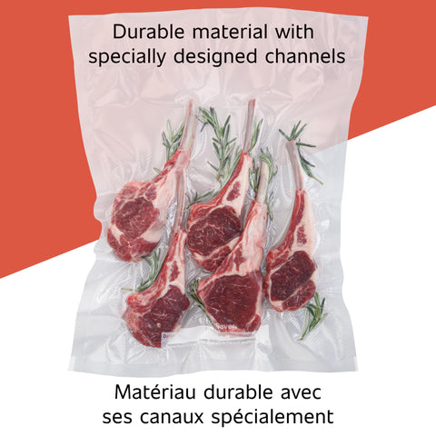 FoodSaver moisture-oxygen barrier rolls protect contents in freezer.