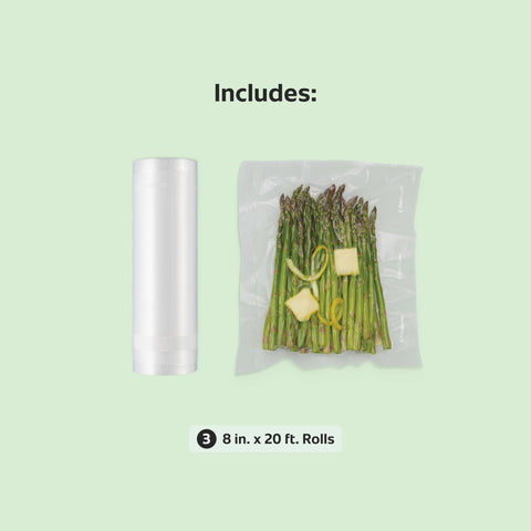 FoodSaver pack of three 8x20 rolls reduces waste and saves prep time.