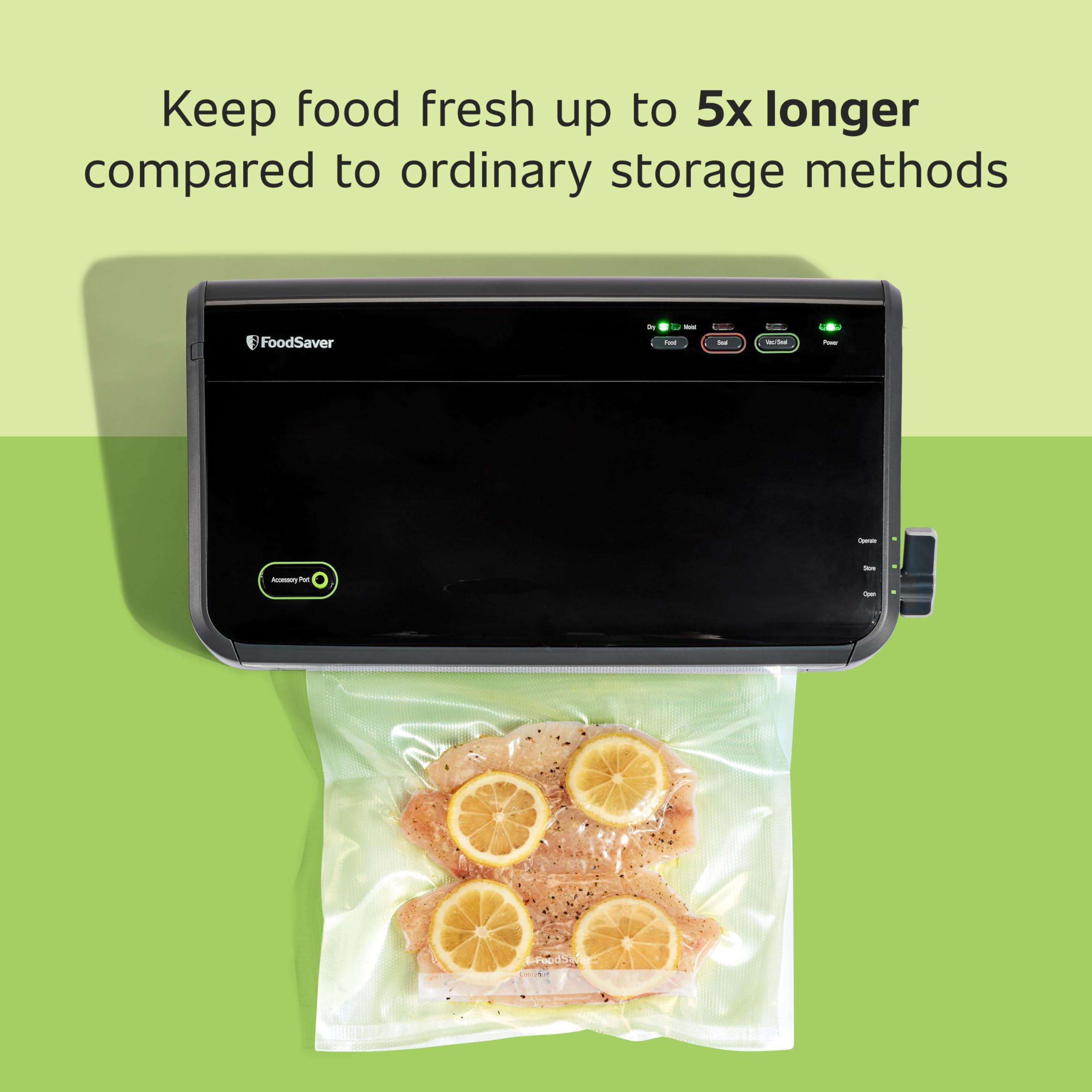 FoodSaver dual heat sealing strips ensure a consistent airtight seal for fresh leftovers.