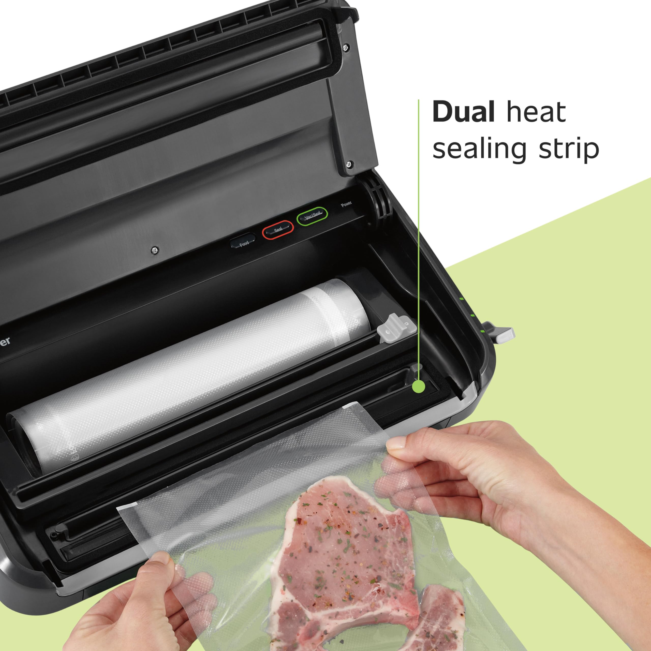 FoodSaver built-in roll cutter shows bag optimization and waste reduction.