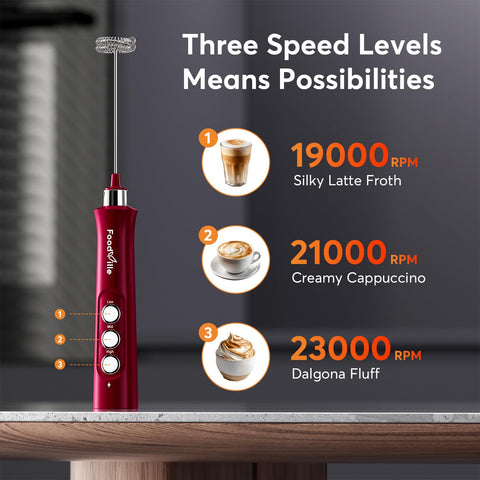 FoodVille MF02 frother enhances bulletproof coffee with creamy foam.