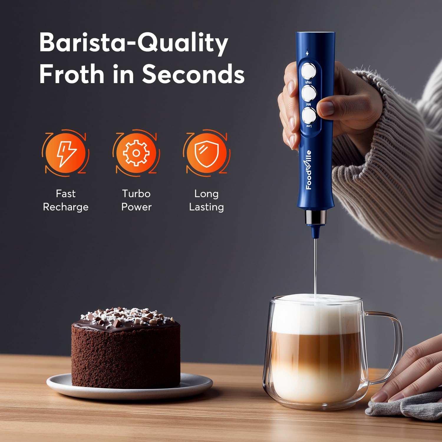 FoodVille MF02 portable frother on a kitchen counter for fast frothing