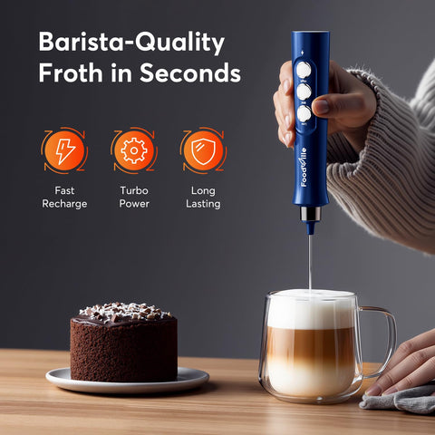 FoodVille MF02 portable frother on a kitchen counter for fast frothing