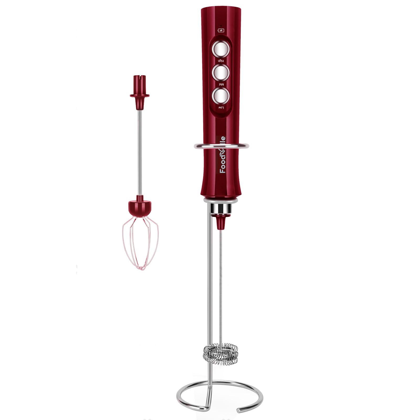 FoodVille MF02 rechargeable milk frother creating silky foam for cafe-style drinks at home.