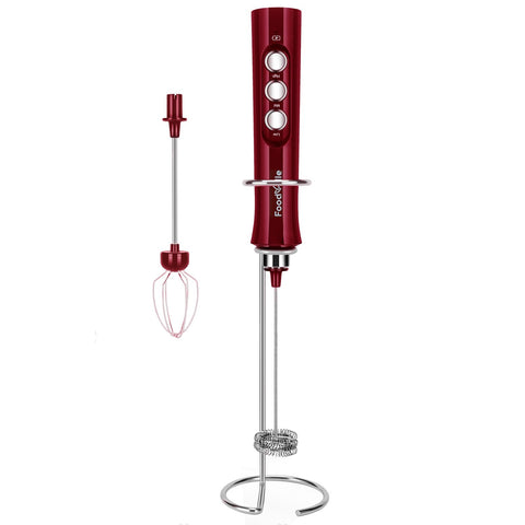 FoodVille MF02 rechargeable milk frother creating silky foam for cafe-style drinks at home.
