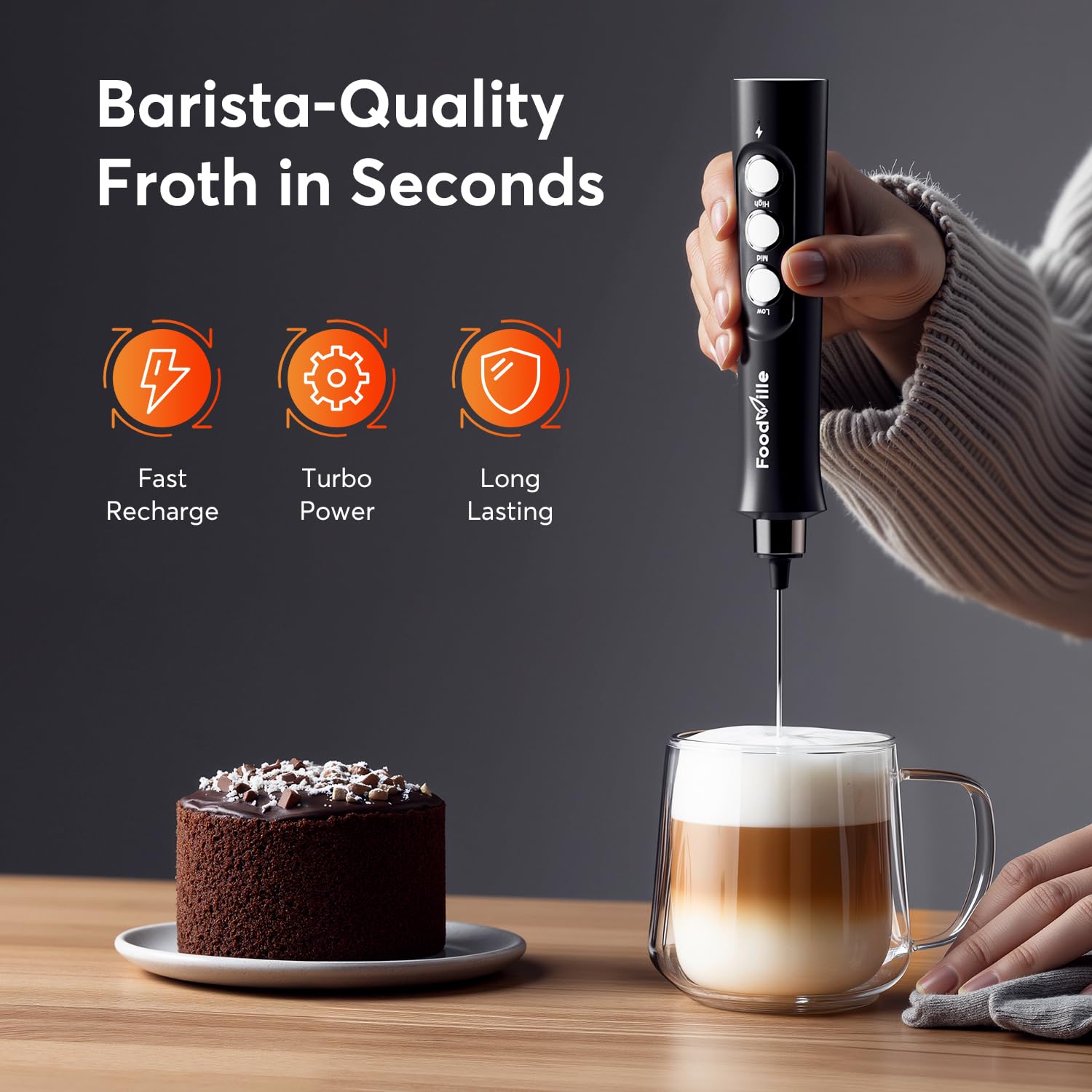FoodVille MF02 rechargeable wand for cordless frothing in any kitchen.