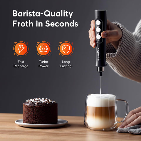 FoodVille MF02 rechargeable wand for cordless frothing in any kitchen.