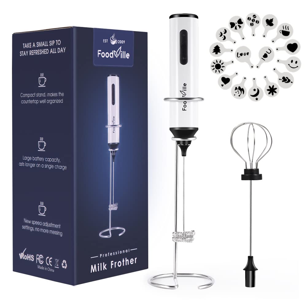 FoodVille MF05 rechargeable milk frother with USB-C charging for café-style foam at home.