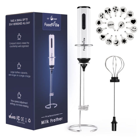 FoodVille MF05 rechargeable milk frother with USB-C charging for café-style foam at home.