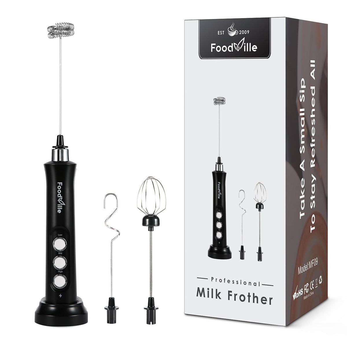 FoodVille MF09 charging stand keeps the frother ready for quick foaming in the kitchen.