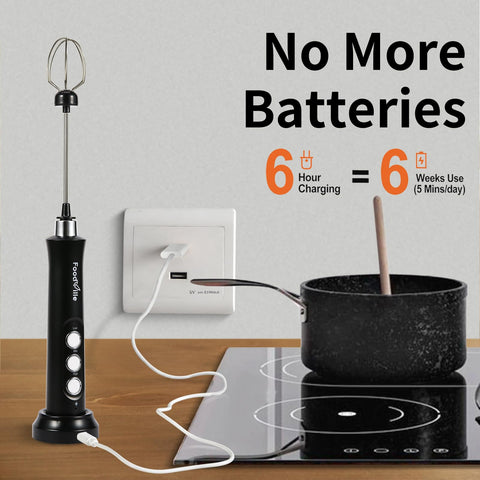 FoodVille MF09 rechargeable handheld frother for fast, mess-free milk foam at home.