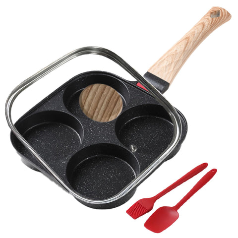 Foorey Home egg pan with 4 cups and lid for quick breakfast prep.