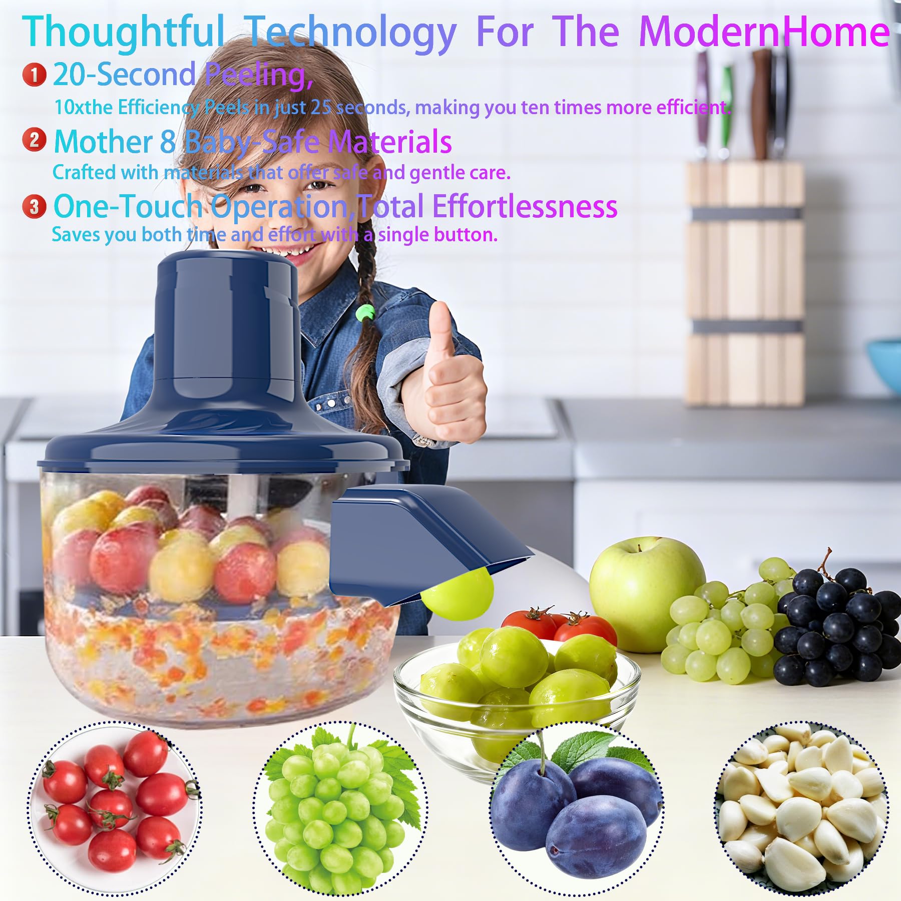 Fopudy automatic peeler demonstrates simple one-button operation.