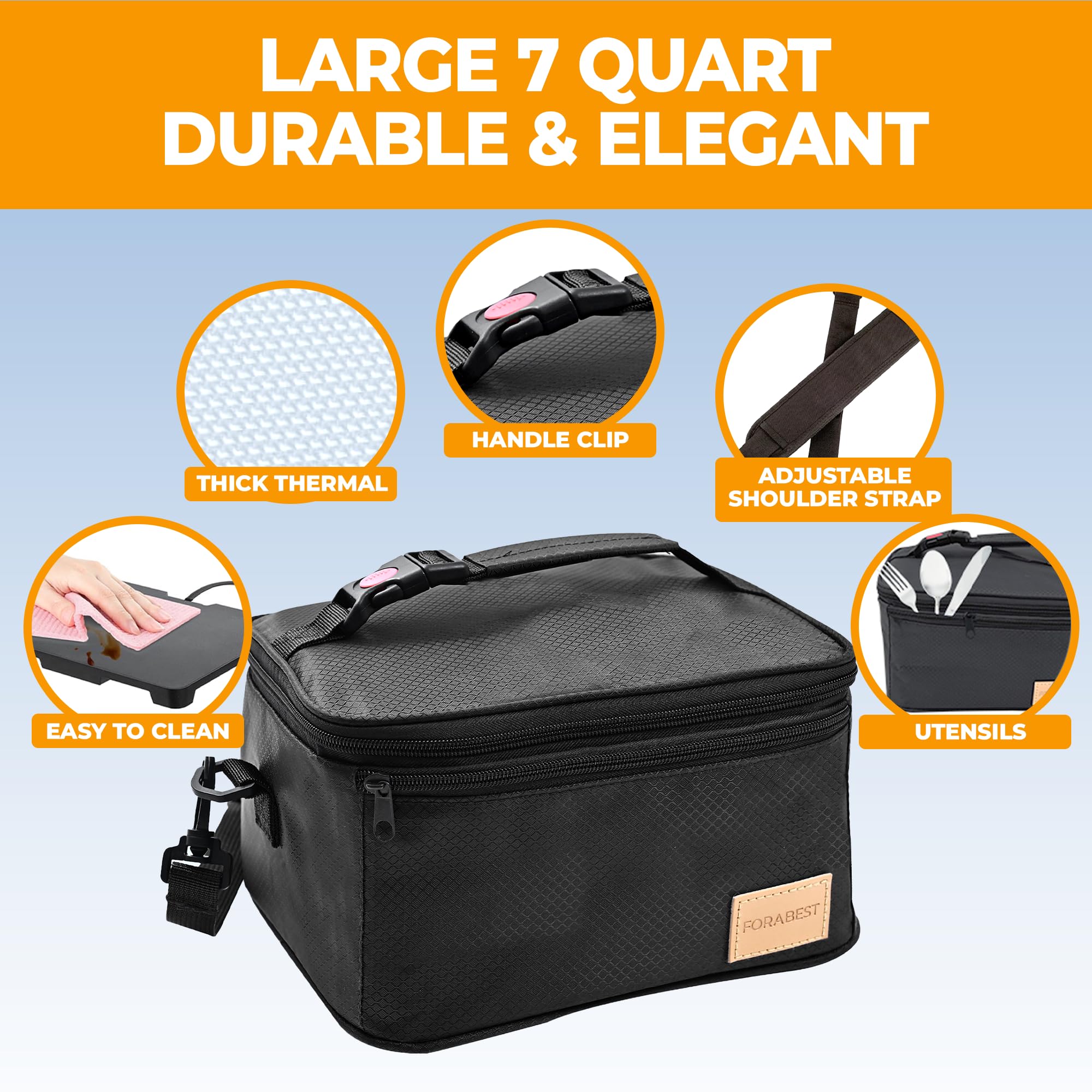FORABEST lunch box in car demonstrating 12V compatibility for driving meals