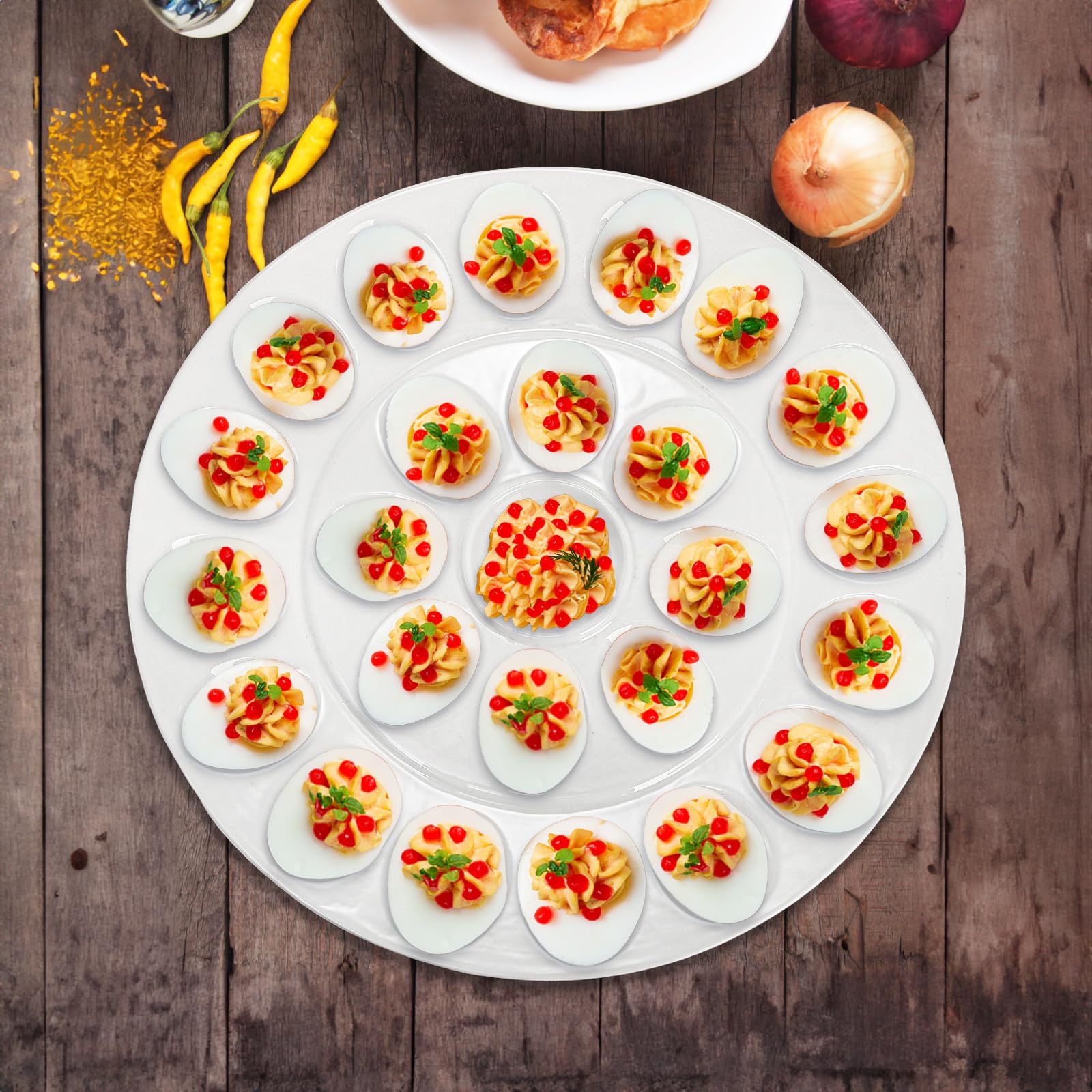 Foraineam deviled-egg tray center-sauce compartment ready for serving hors d'oeuvres.