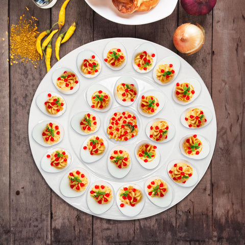 Foraineam deviled-egg tray center-sauce compartment ready for serving hors d'oeuvres.