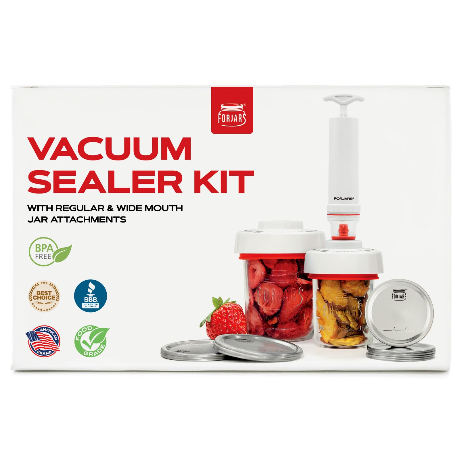 FORJARS jar vacuum sealer with manual pump for portable, electricity-free sealing.