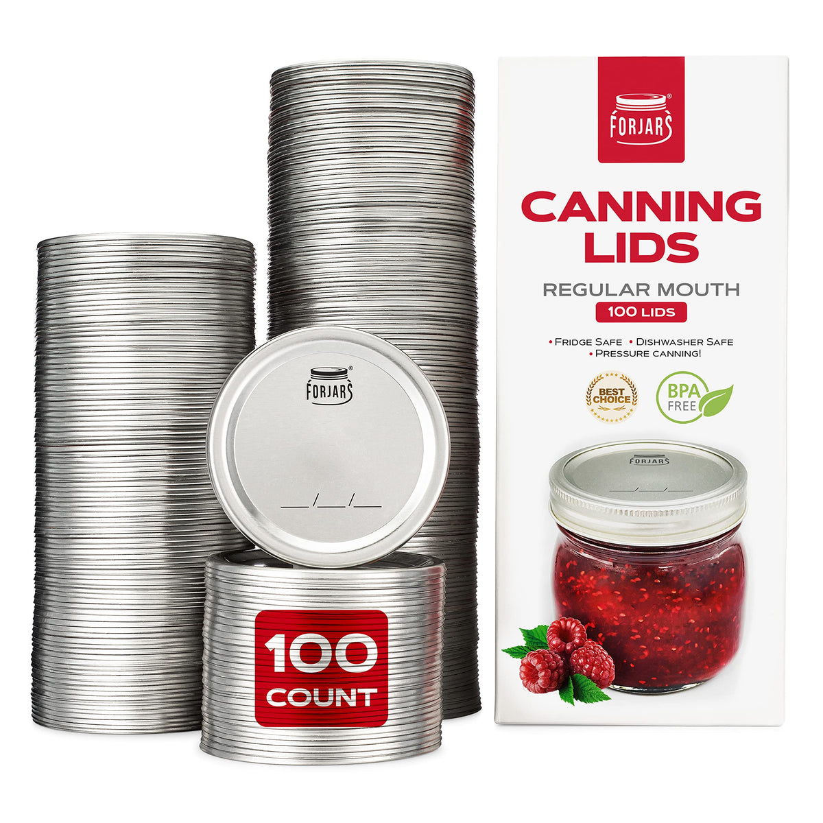 FORJARS regular-mouth lids in a 100-pack ready for long-term jar sealing.