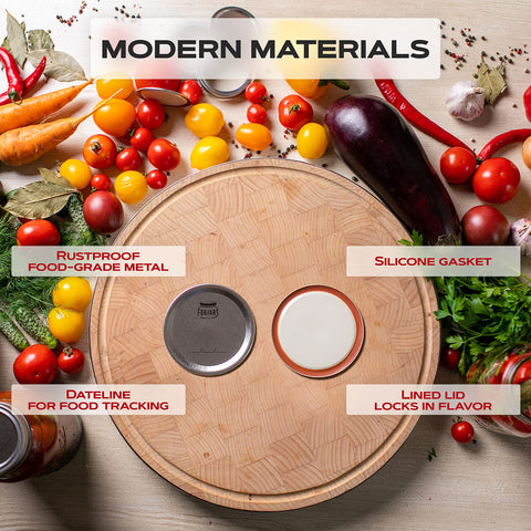 FORJARS stainless steel lids provide rustproof, durable seals on canning jars.