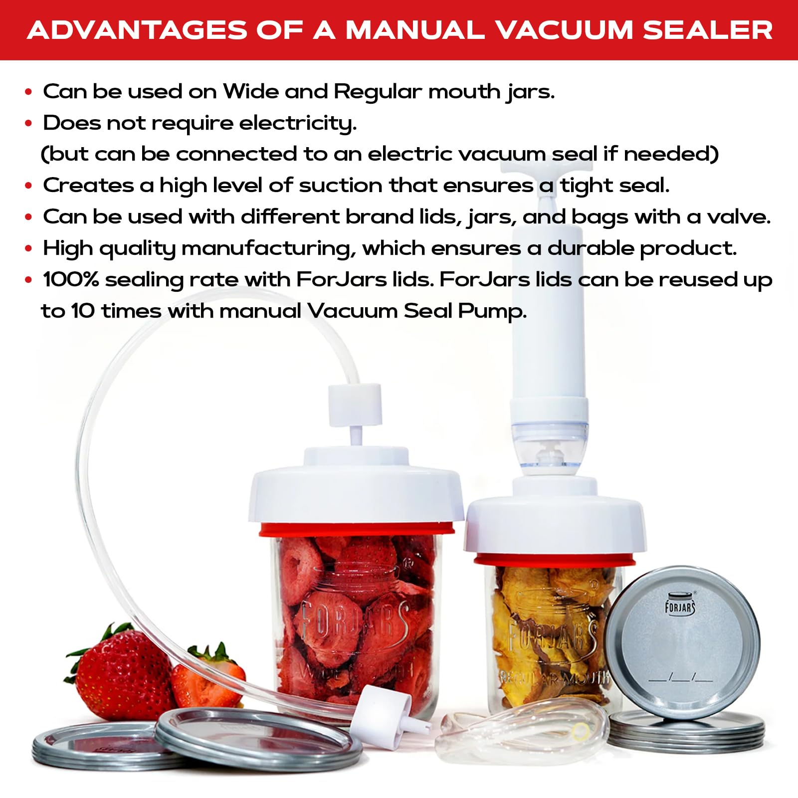FORJARS wide-mouth jar sealer attachment seals wide-mouth jars for long-lasting freshness.