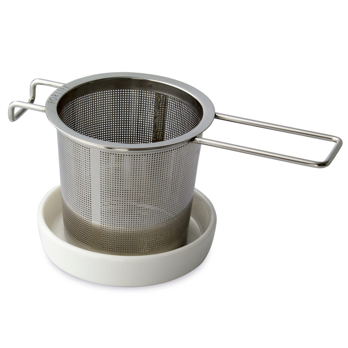 FORLIFE extra-fine tea infuser with porcelain dish set for easy loose-leaf brewing.