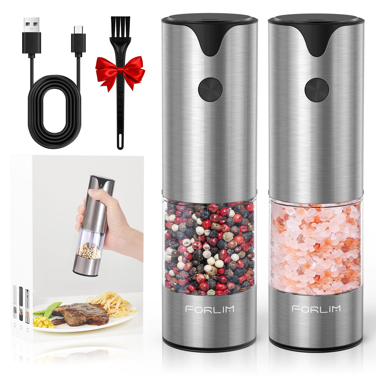 FORLIM electric salt and pepper grinder set, front view, durable daily use.