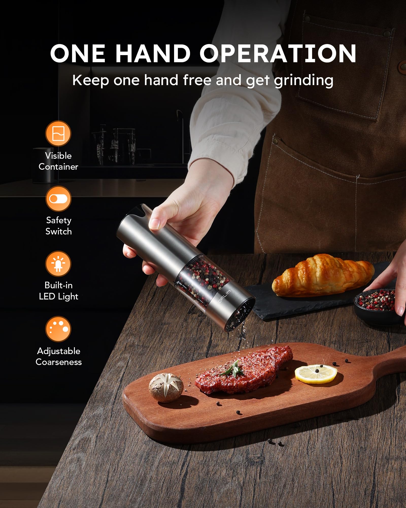 FORLIM grinder set top view with warm LED light for night use.