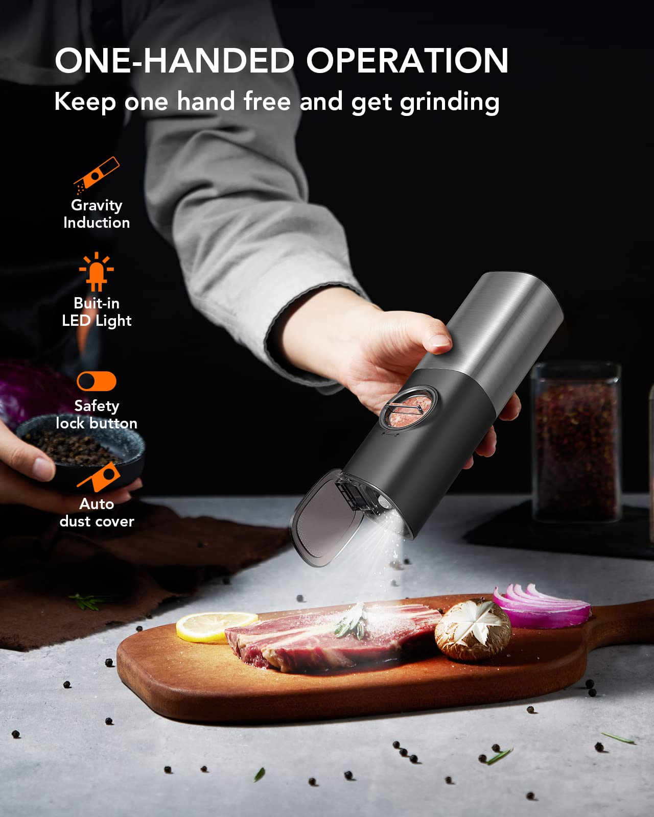 FORLIM gravity grinder in one-hand use for quick seasoning.