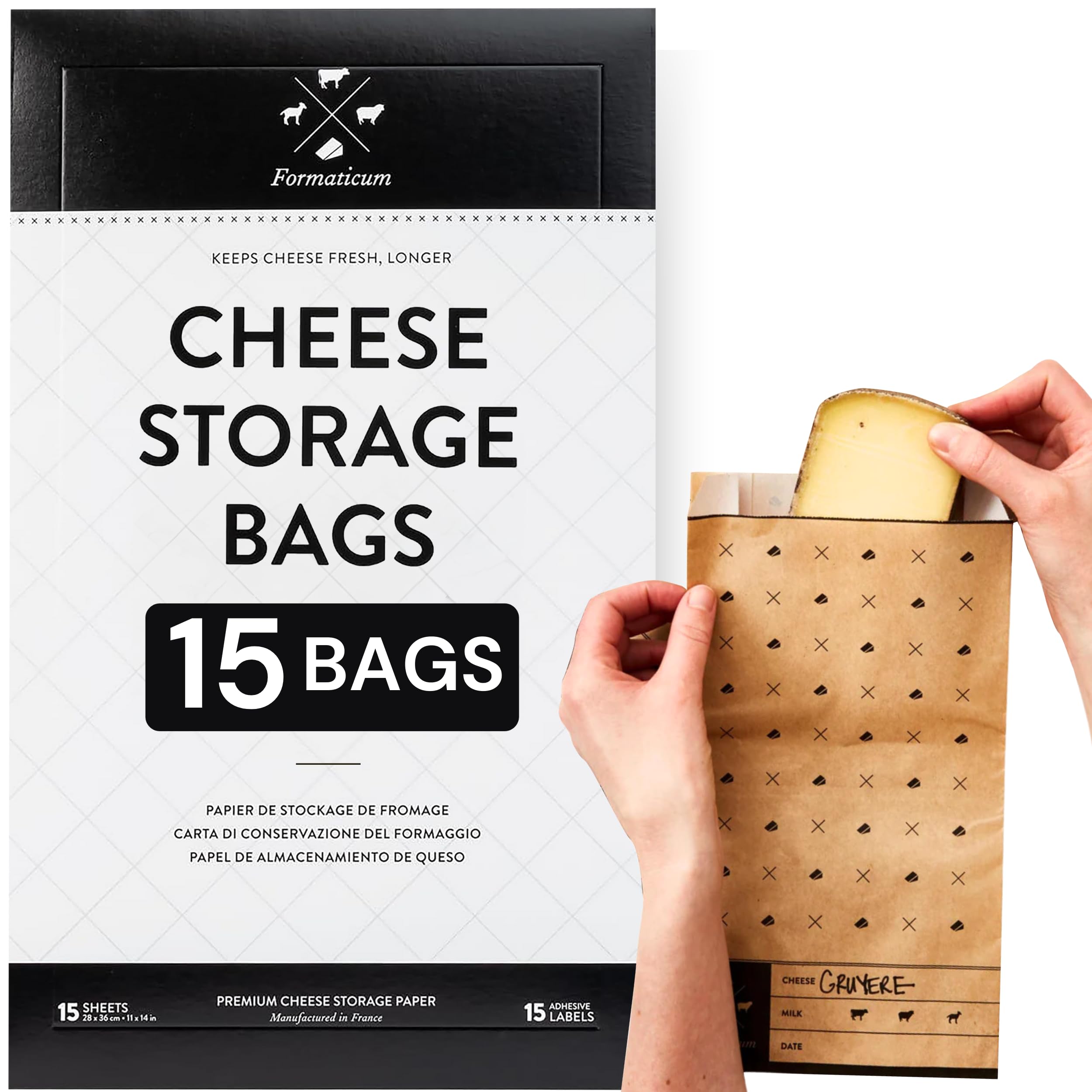 Formaticum 15-pack cheese storage bags preserve fresh cheese varieties.