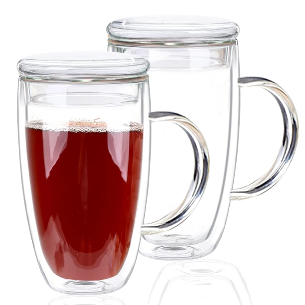Fornzii 15oz double-walled glass mugs with lids show a floating beverage effect.