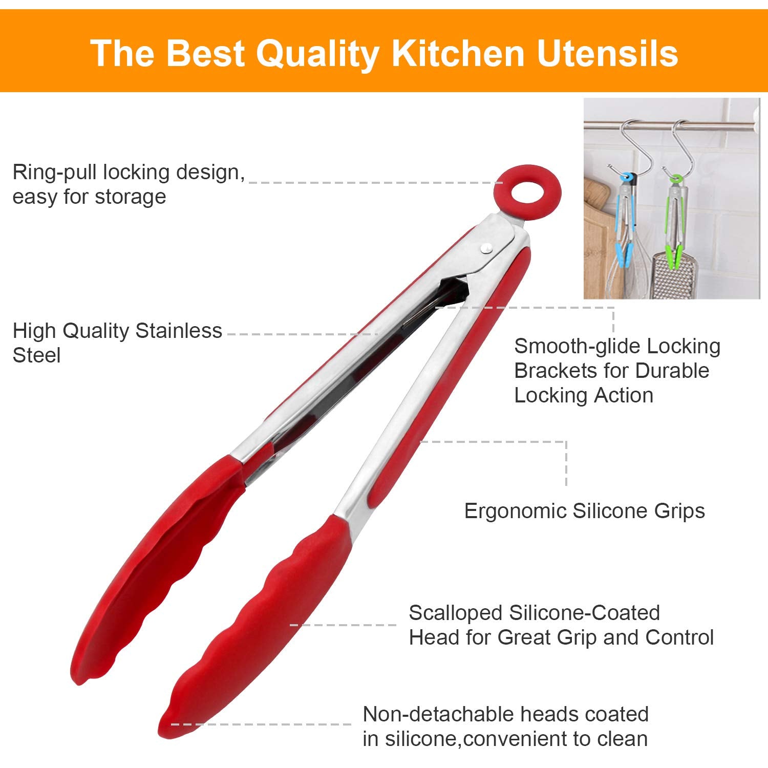 ForTomorrow 9-inch silicone-tipped tongs with color accents ready for serving