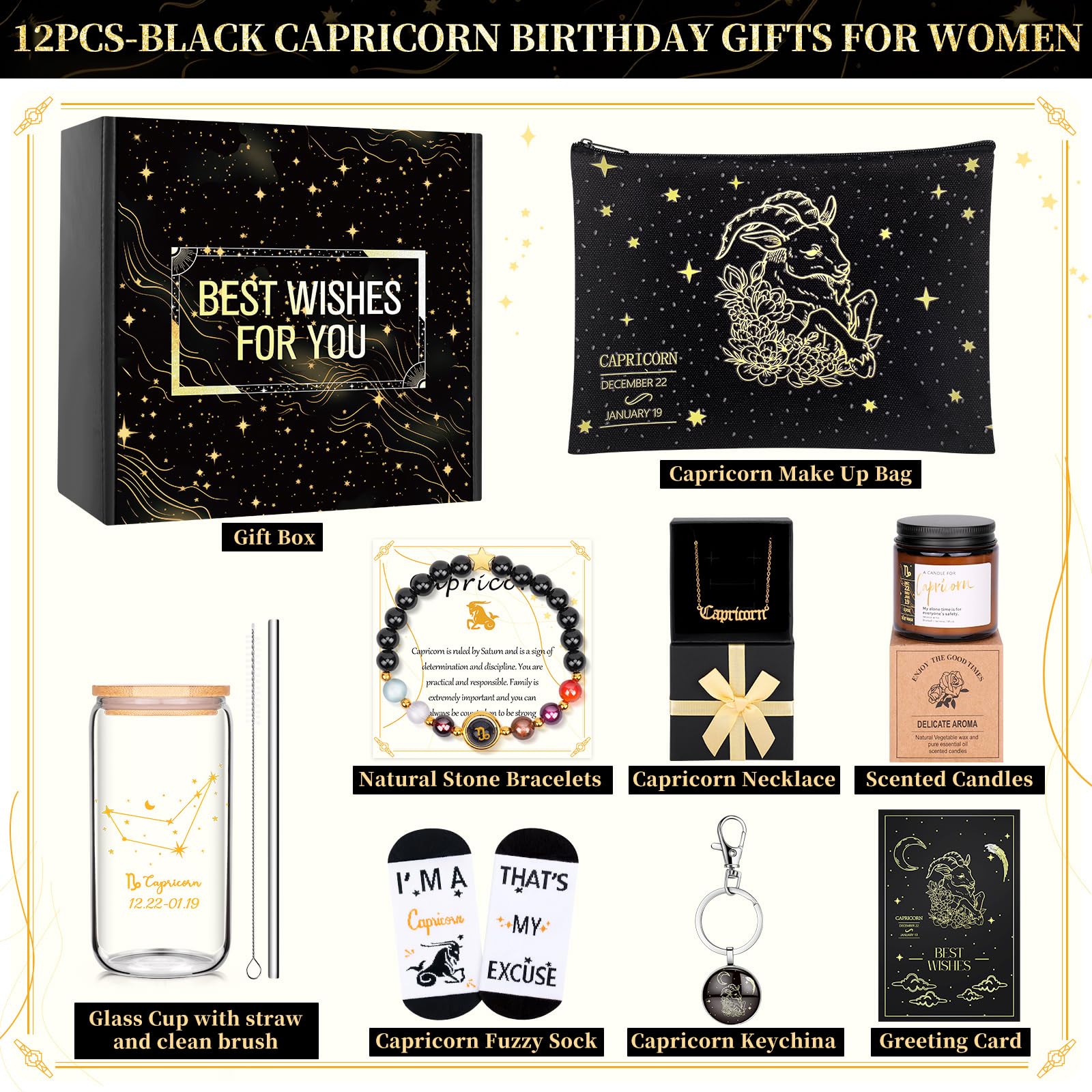 Close-up of Fortuning's JDS Capricorn gifts showing premium contents