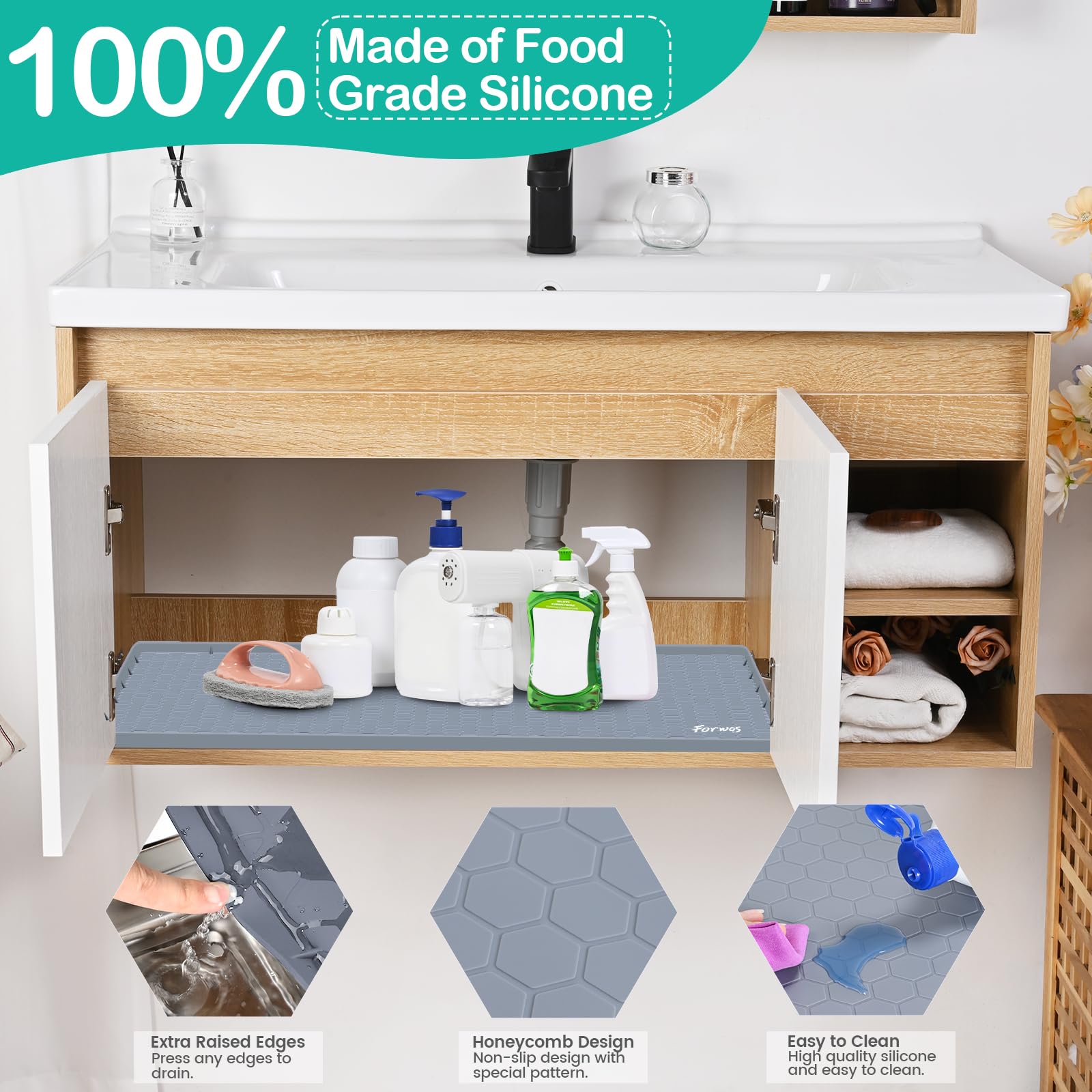 FORWOS grey under-sink liner guards cabinets against moisture and messes