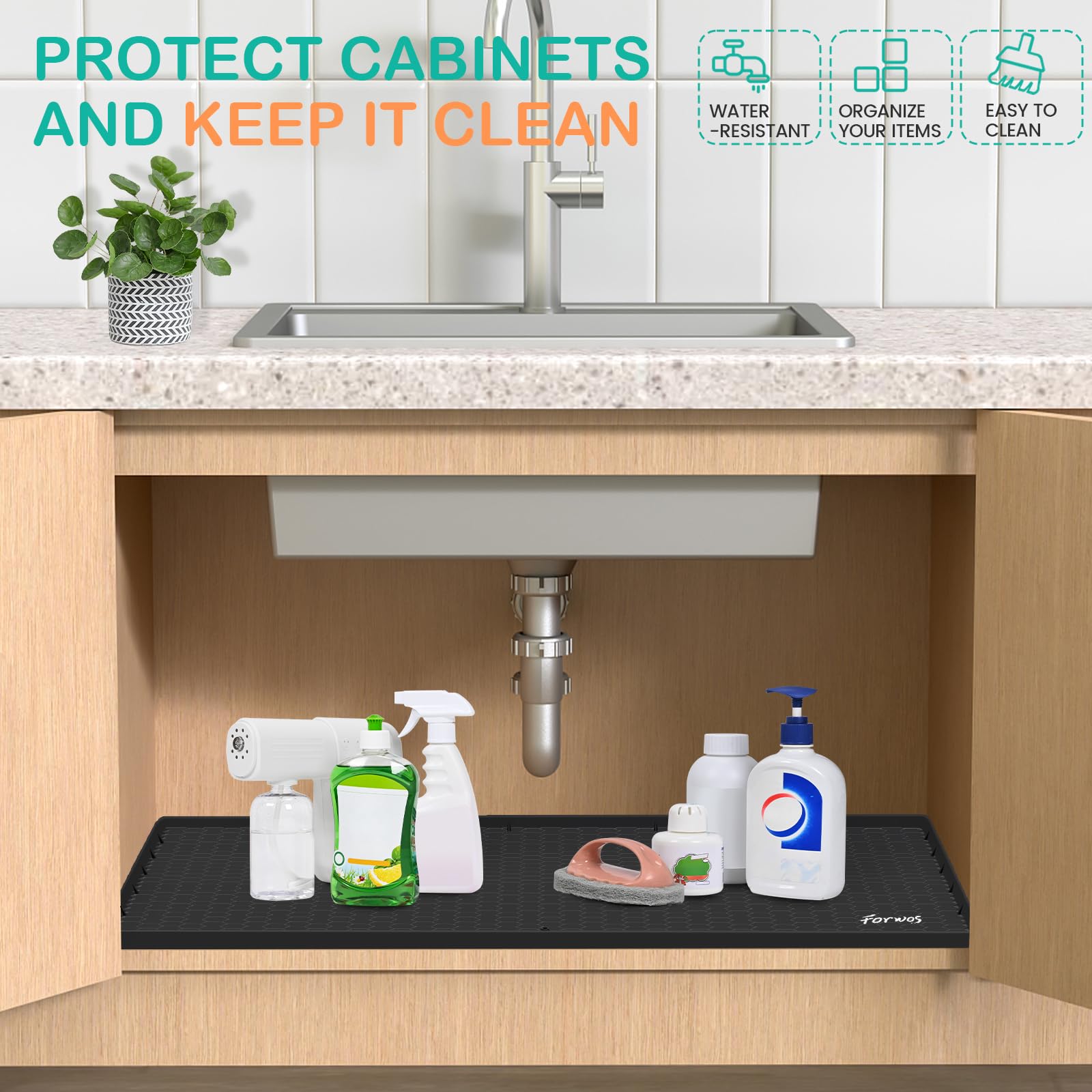 FORWOS multi-use liner fits kitchen and bathroom cabinets for organization.