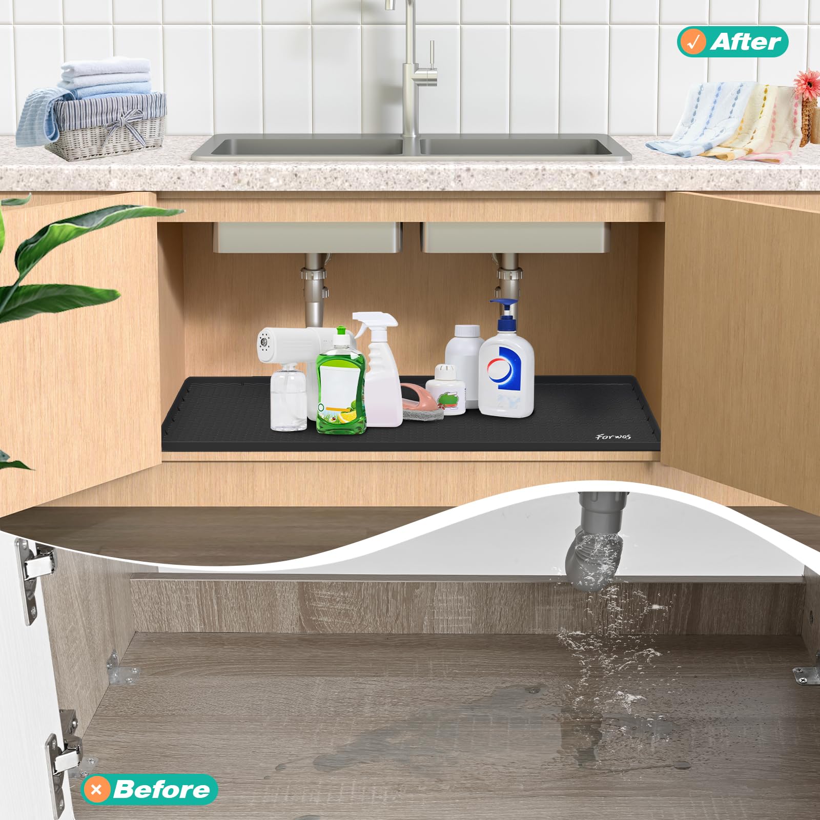FORWOS under-sink mat supports clutter-free spaces beneath appliances.