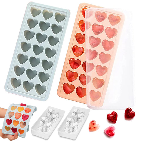 FOSOE 2-pack heart ice trays with lids, clear view of stackable design for freezer storage.